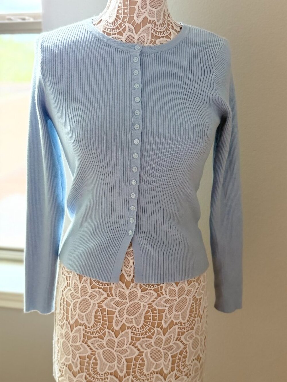 Sincerely Jules Light Blue Ribbed Button-Front Cardigan – Size M
